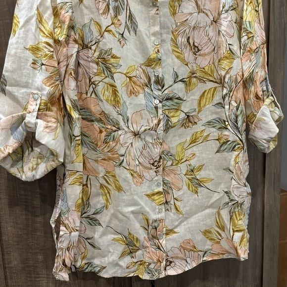Nicole Miller 1X Tunic 100% Linen Floral Button Front Top Long Roll Tab Sleeves - Picture 7 of 10